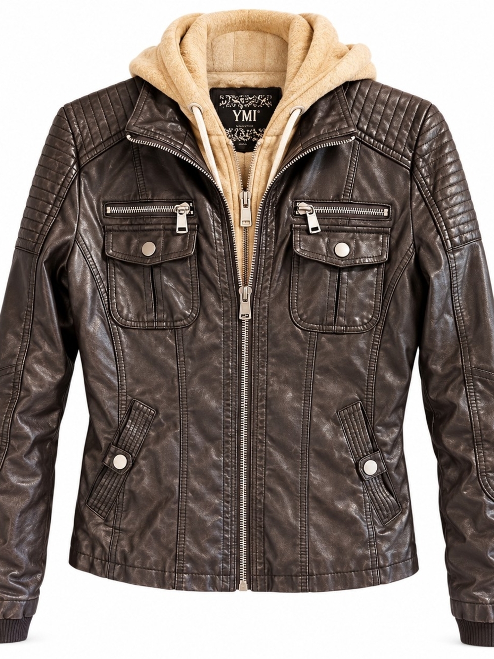 YMI Collection Women's Brown Faux Leather Moto Jacket Beige Hooded Sherpa Lined